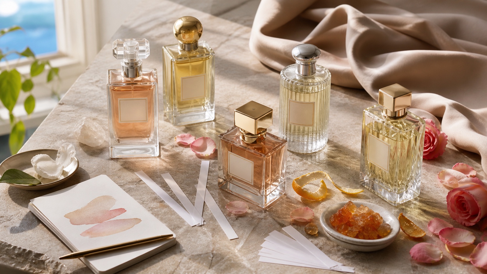 Bodegón editorial sin marcas de perfumes femeninos, tiras olfativas, rosas y ámbar para comparar opiniones de Afnan
