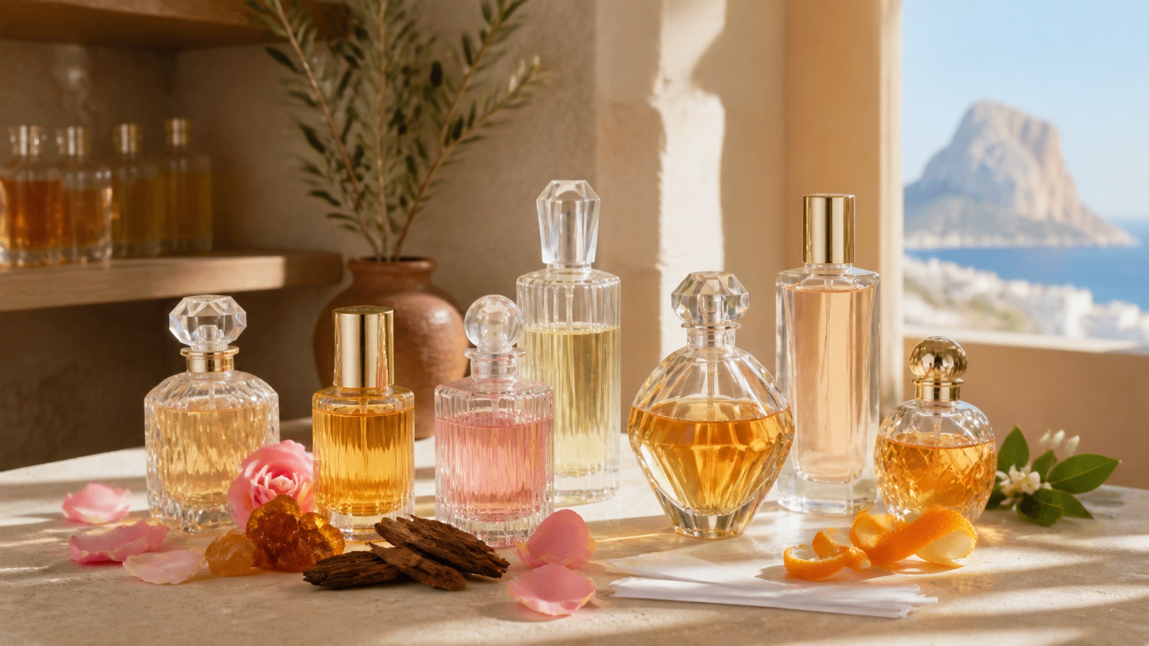 Bodegón editorial sin marcas de perfumes femeninos, tiras olfativas, ámbar, oud y luz mediterránea para comparar opiniones de Armaf