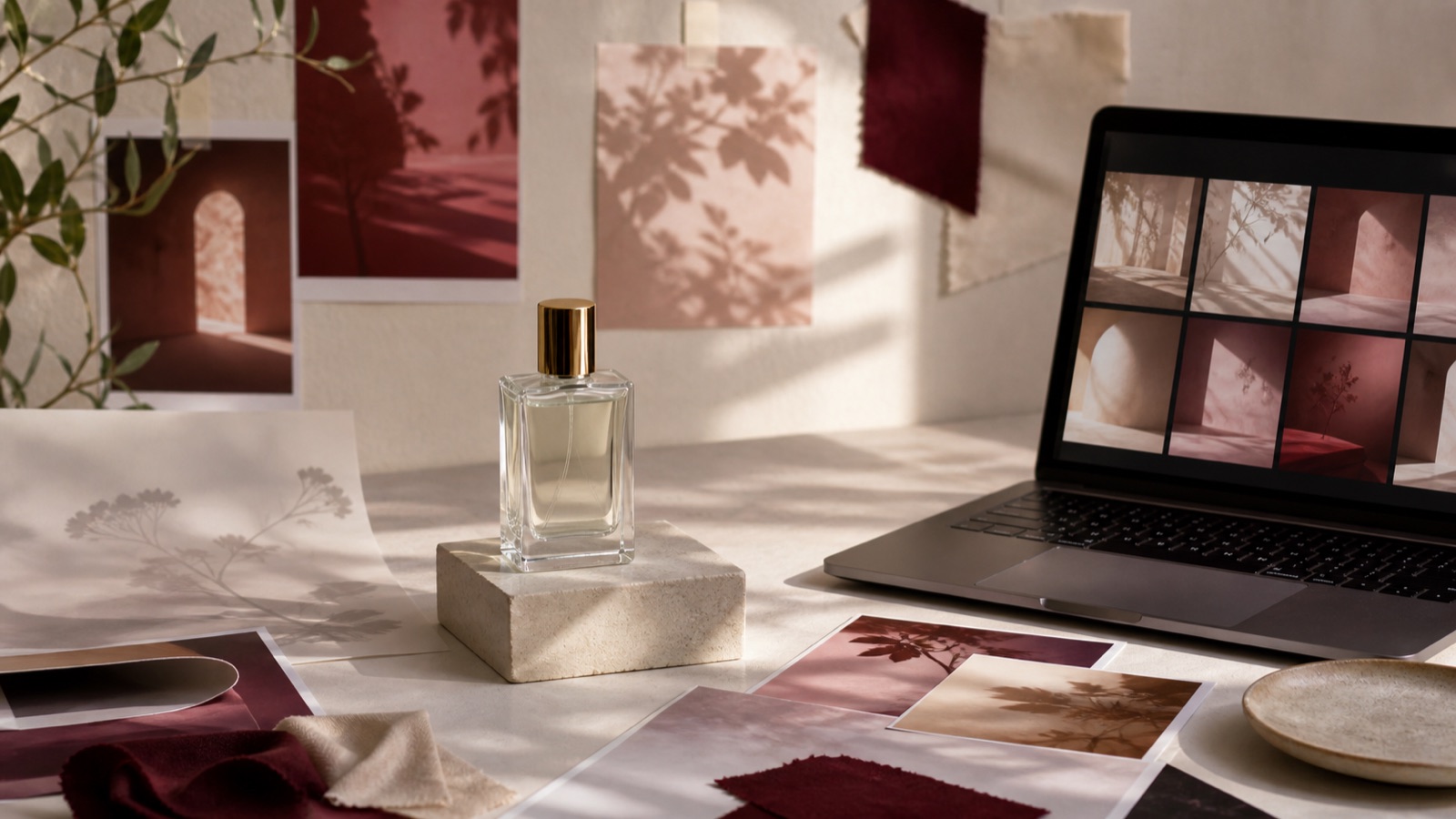 Estudio creativo con perfume real, referencias y fondos visuales para una campaña