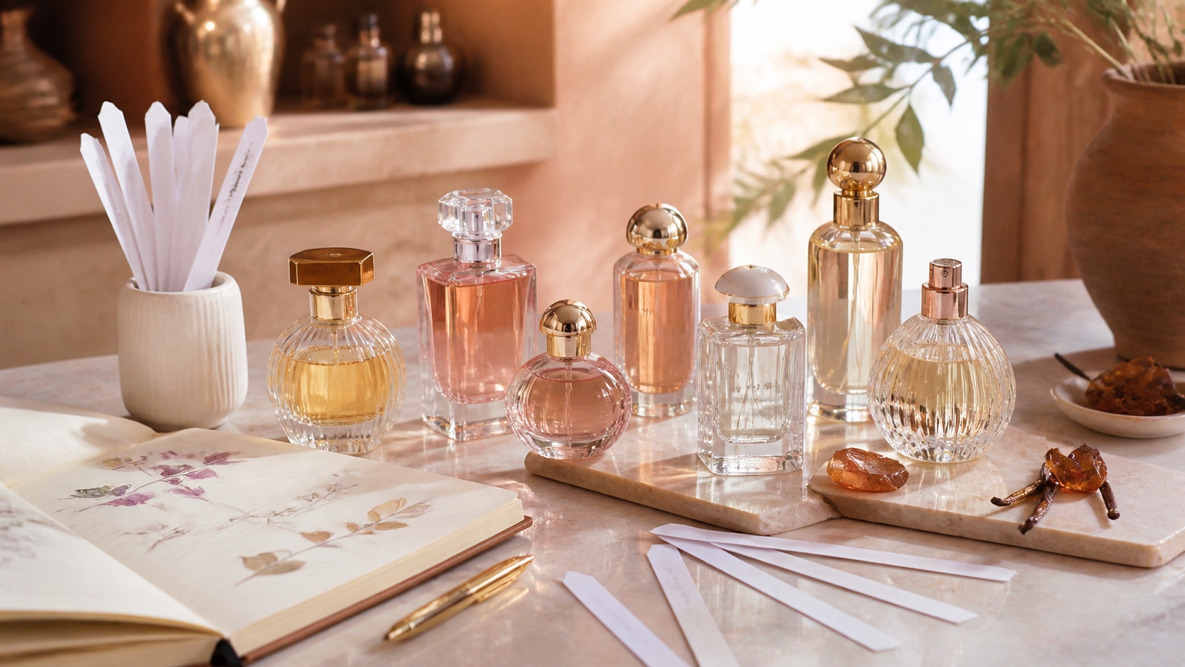 Bodegón editorial sin marcas de perfumes femeninos, tiras olfativas y libreta para comparar opiniones de Lattafa