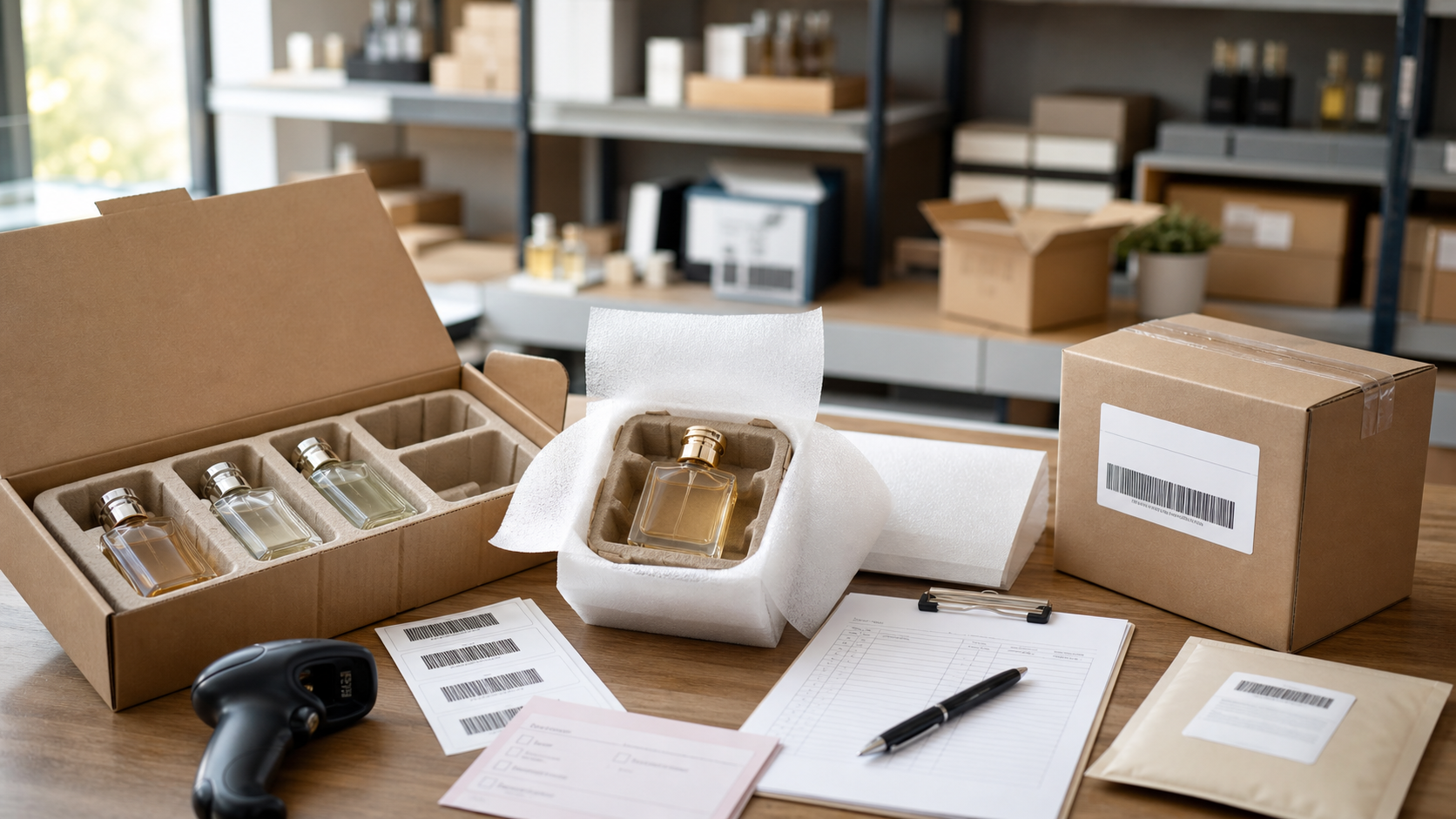 Preparación de pedidos ecommerce de perfumes con embalaje protector y etiquetas de trazabilidad