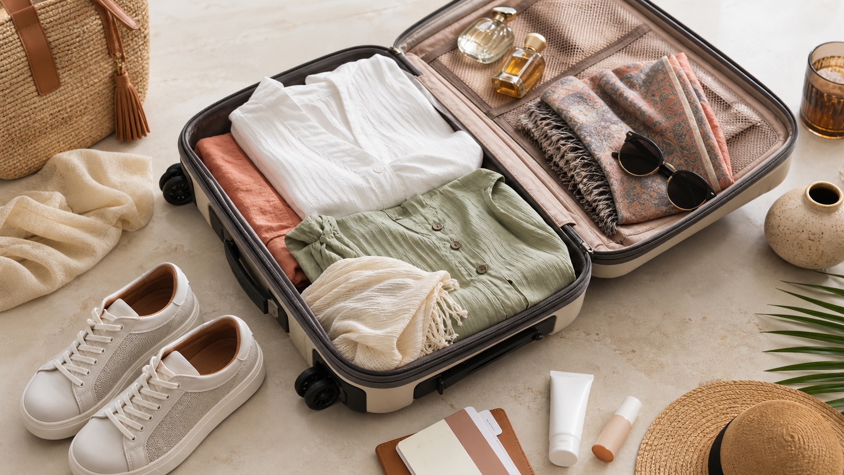 Maleta abierta para viajar a Dubai con ropa ligera, perfumes y zapatillas cómodas