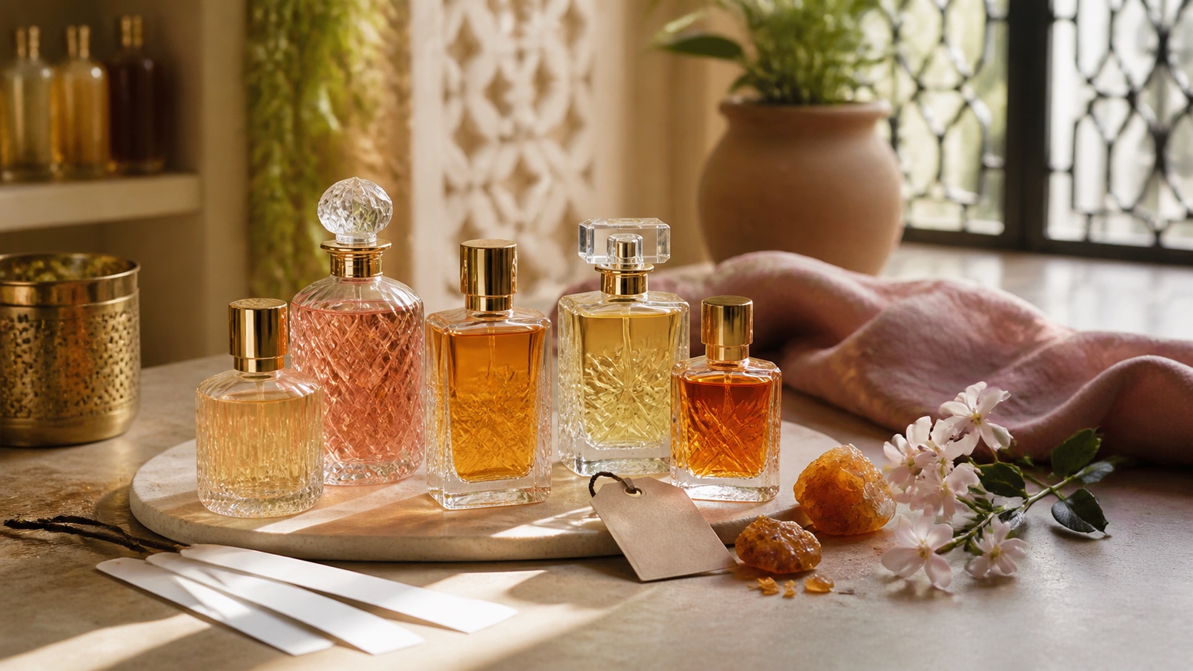 Bodegón editorial de perfumes árabes económicos sin marca con blotters, resina ámbar y flores