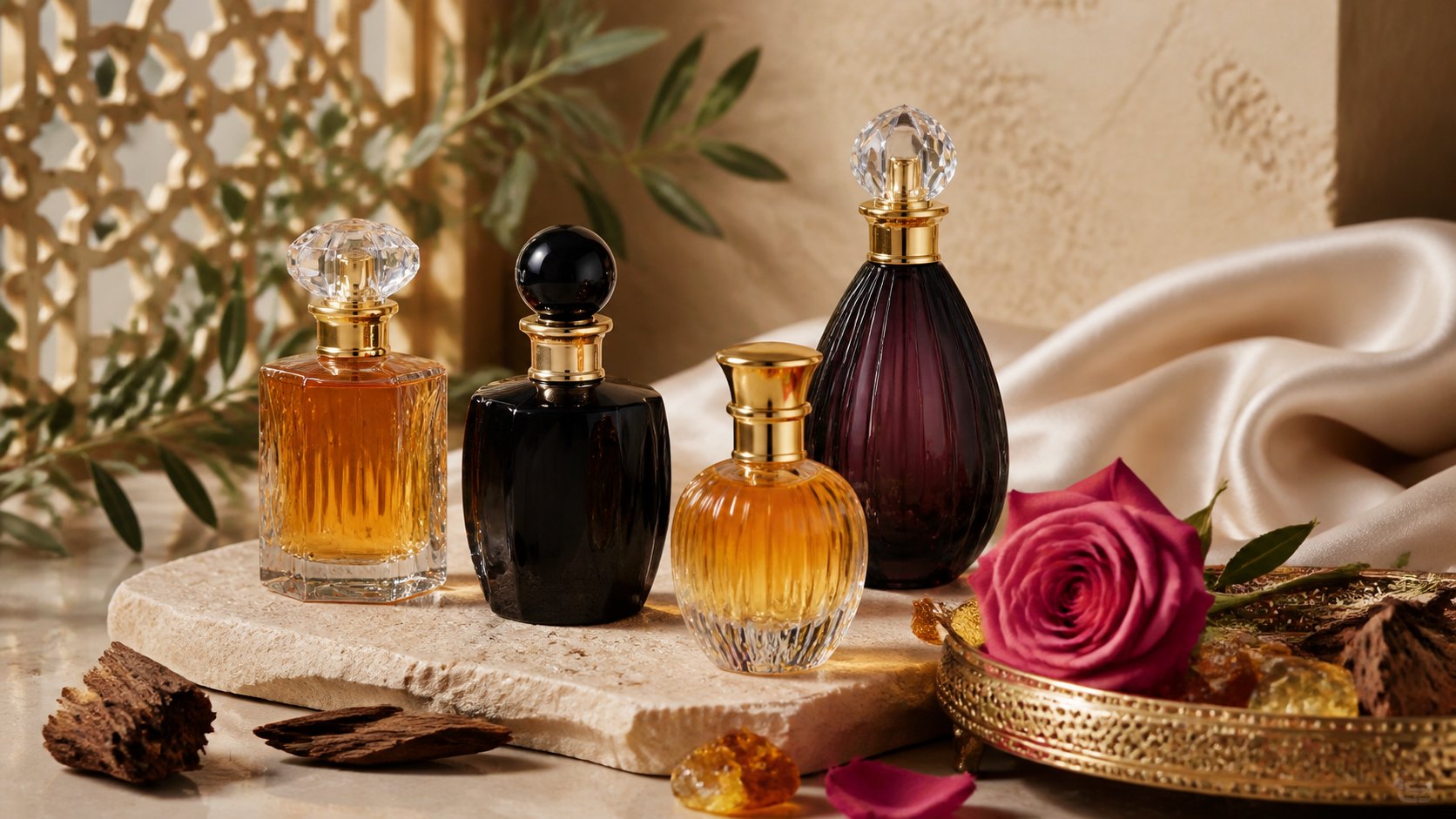 Bodegón editorial de perfumes árabes de lujo sin marca con oud, rosa, ámbar y bandeja dorada