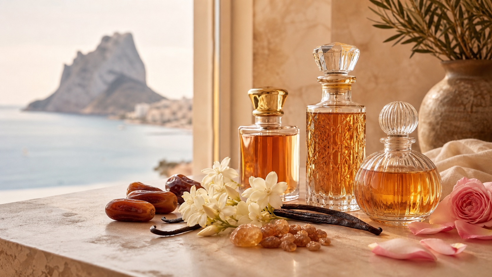 Perfumes árabes dulces con vainilla, dátiles y flores sobre mostrador de boutique