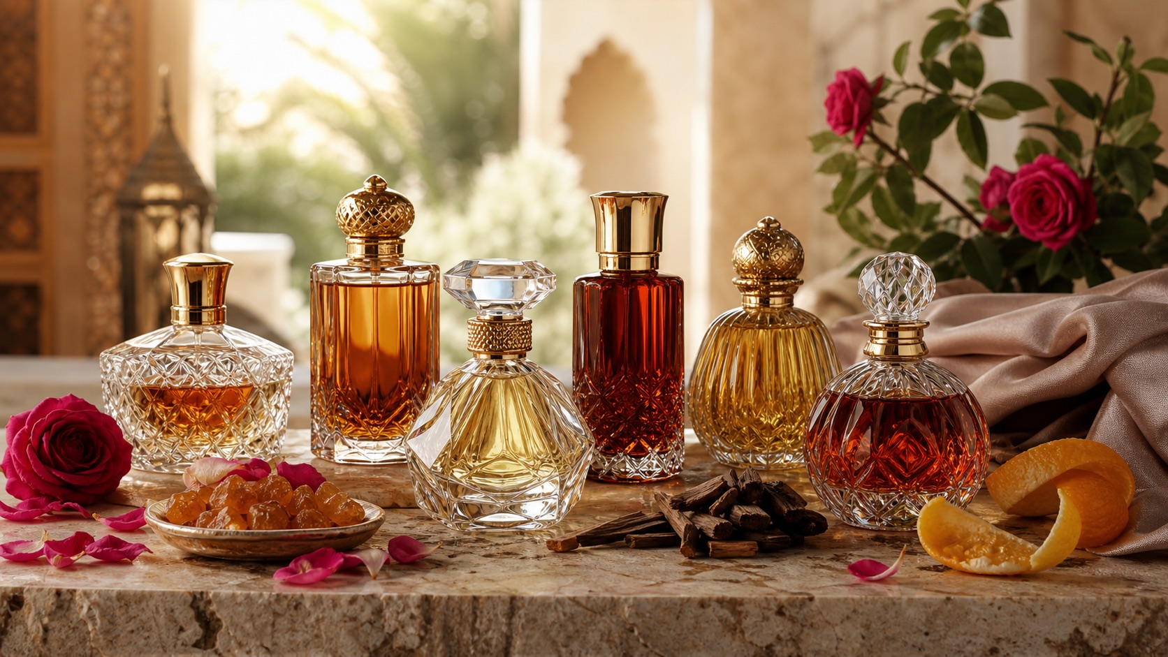 Perfumes árabes duraderos con resina ámbar, rosas, cítricos y maderas de oud