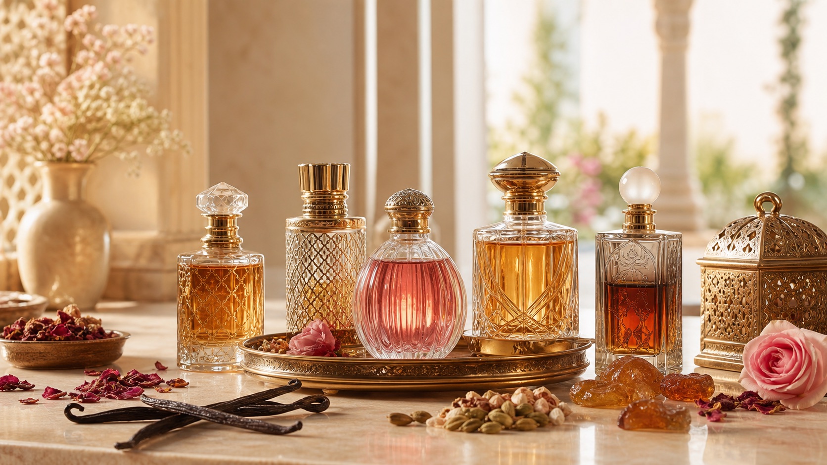 Perfumes árabes femeninos sobre mostrador de boutique