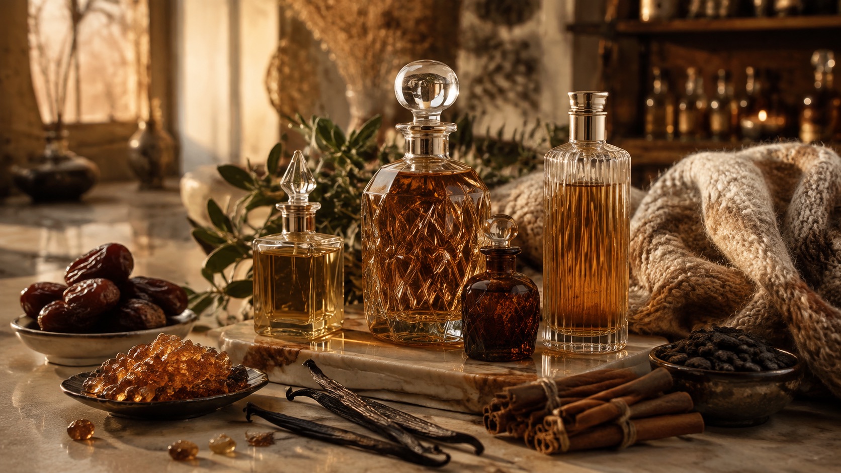 Bodegón invernal sin marcas con perfumes árabes, ámbar, vainilla, canela y tejido de punto