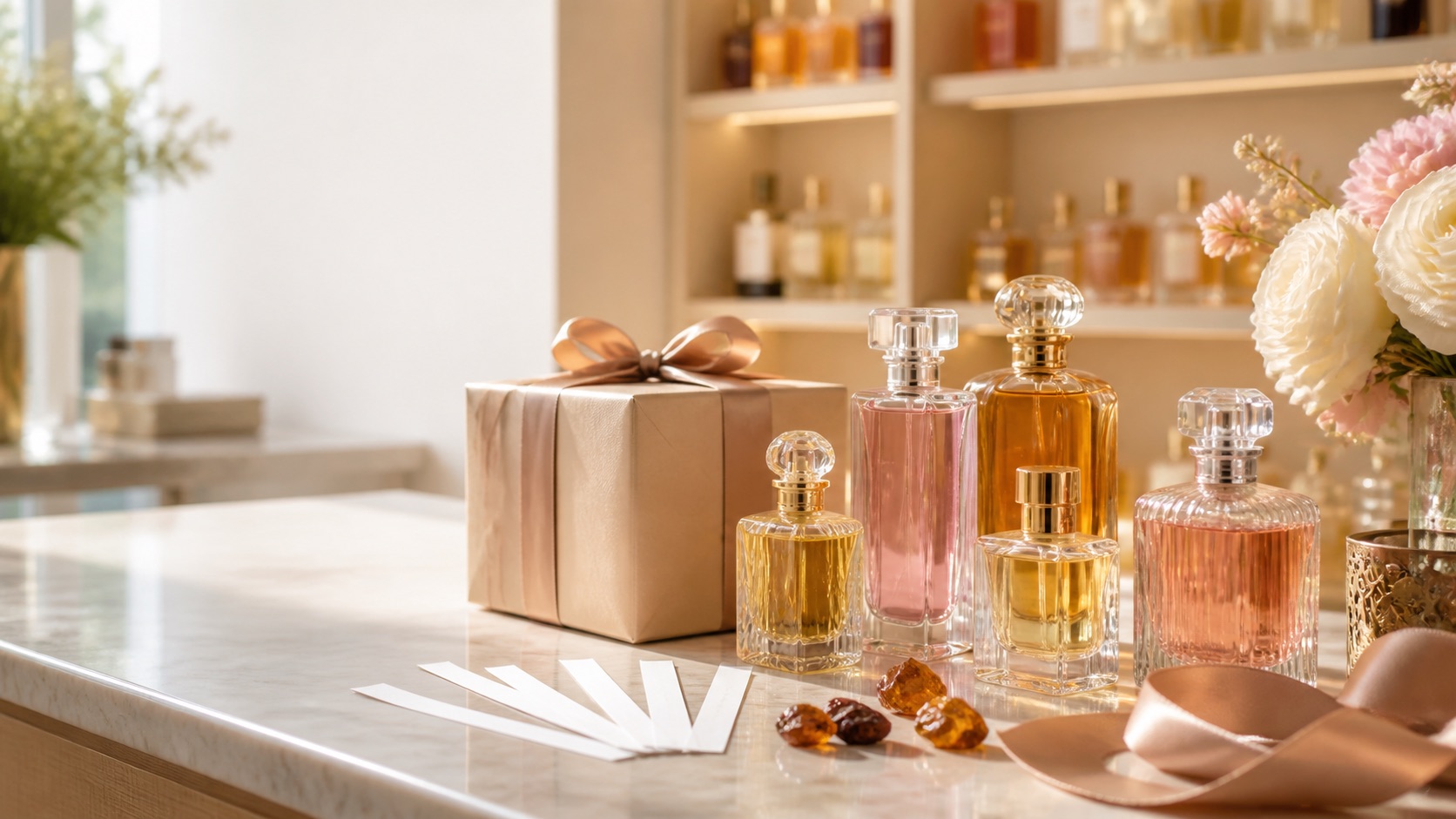 Bodegón editorial de perfumes árabes sin marca con caja de regalo y blotters