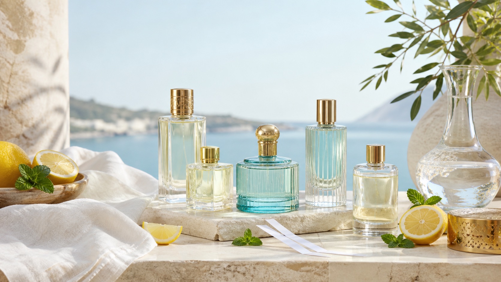 Bodegón veraniego sin marcas con perfumes árabes, cítricos, menta y luz mediterránea