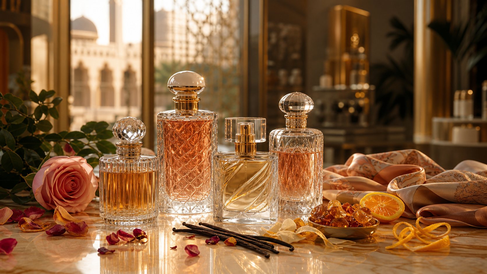 Perfumes de Dubai para mujer en un bodegón editorial de boutique