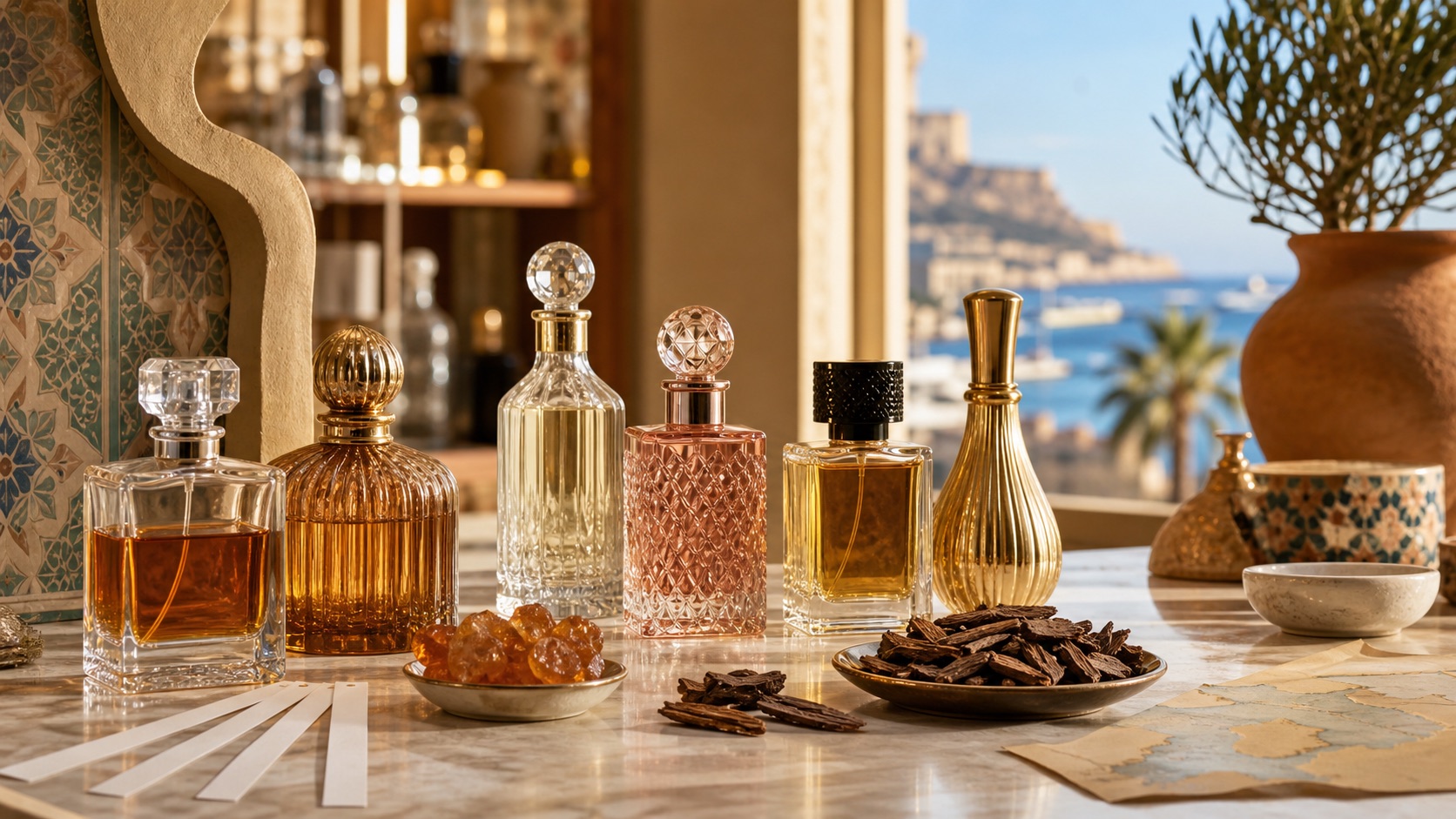 Bodegón editorial de perfumes árabes sin marca con luz mediterránea de Alicante, oud y blotters