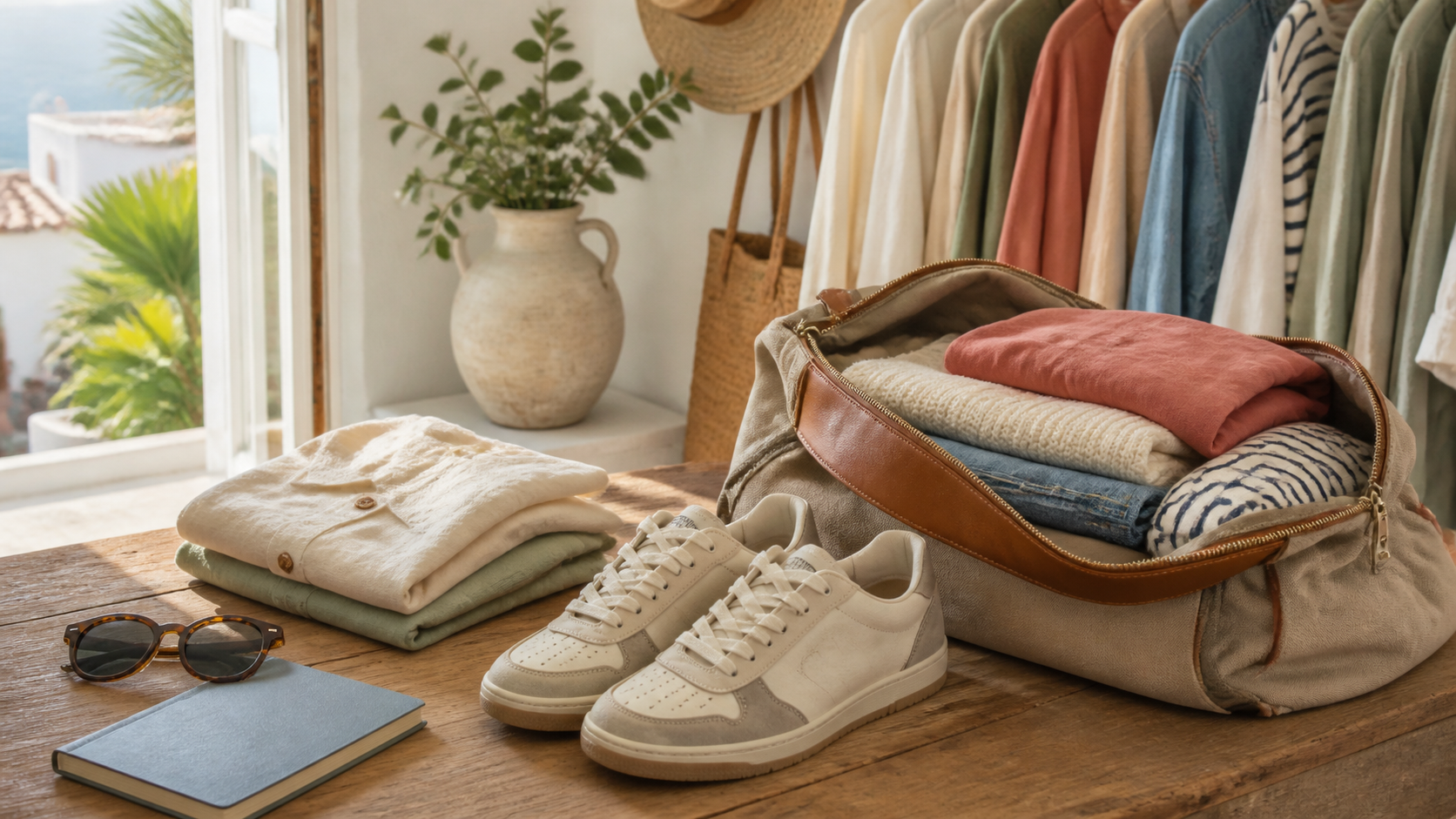 Zapatillas minimalistas sin marca junto a ropa de viaje y bolso de fin de semana