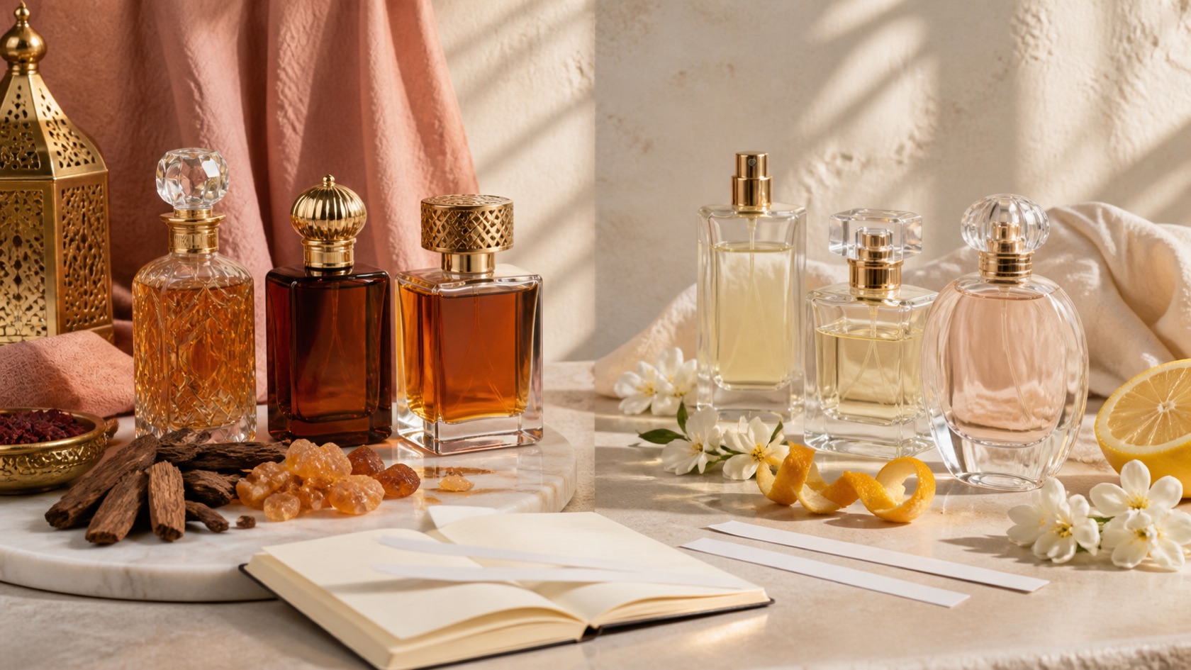 Bodegón editorial sin marcas que compara perfumes árabes cálidos con perfumes occidentales florales y cítricos