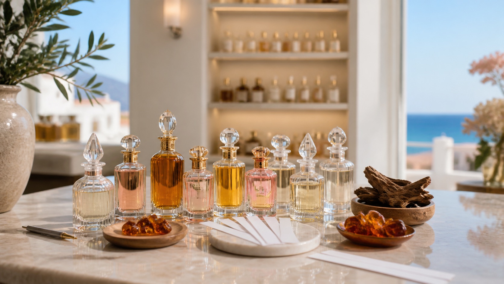 Bodegón editorial de perfumes árabes sin marca en una boutique de Calpe con luz mediterránea, oud, ámbar y tiras olfativas