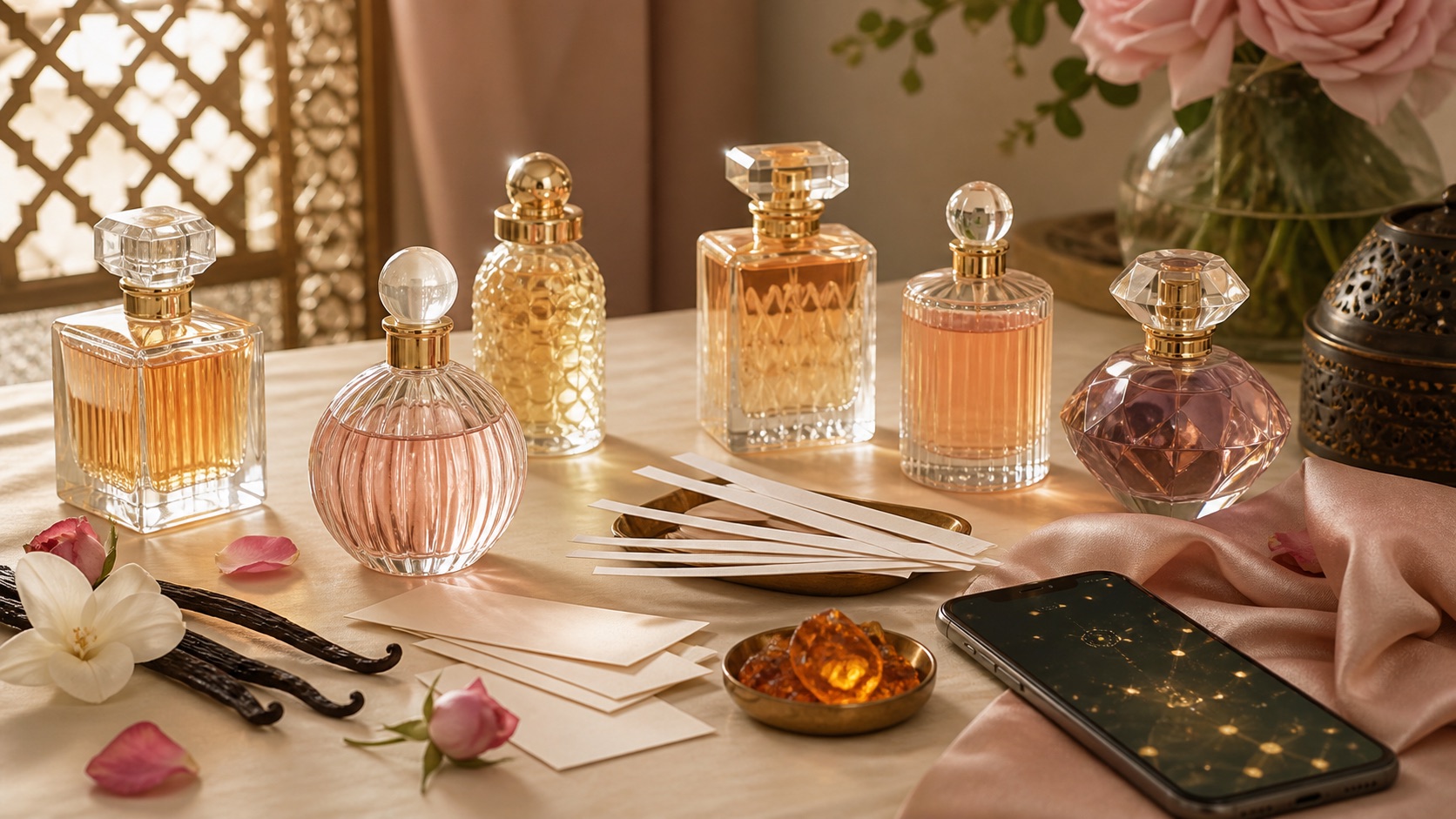 Selección editorial de perfumes árabes femeninos sin marca con blotters y notas para comparar opiniones